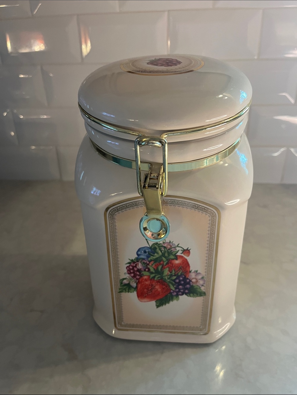 Knotts Berry Farm Canister ceramic large with slant top Fruit design